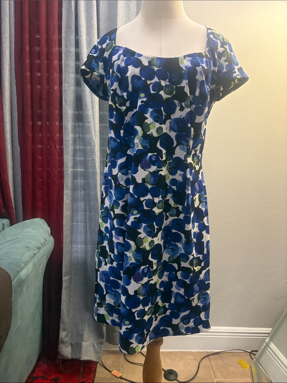 Olivia Matthews Blue Floral Square-Neck Midi Dress